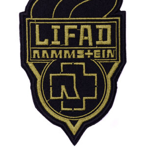 Бродирана нашивка Rammstein LIFAD в щитовидна форма с маслиненозелено лого върху черен фон.