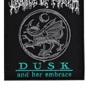 Бродирана нашивка Cradle Of Filth Dusk and Her Embrace със сиво лого и тюркоазен текст.