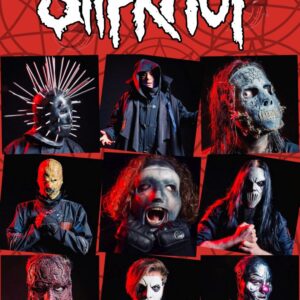 Постер за стена Slipknot с девет индивидуални снимки на членовете с маски върху червен фон