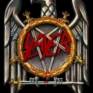 Постер за стена Slayer с емблематичното лого с орел, пентаграма и мечове на черен фон