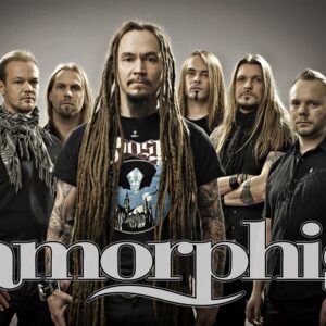 Постер за стена Amorphis с всички членове на групата и голямо лого в долната част