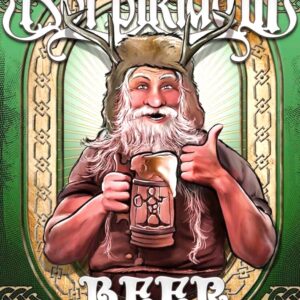 Постер за стена Korpiklaani Beer с весел старец с еленови рога и халба бира на зелен фон