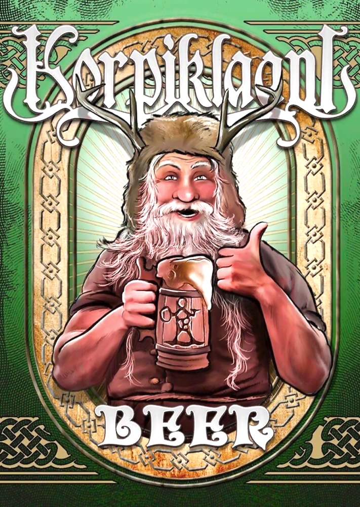 Постер за стена Korpiklaani Beer с весел старец с еленови рога и халба бира на зелен фон