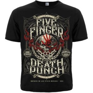 Черна метъл тениска Five Finger Death Punch с дизайн на етикет за уиски, череп и бокс