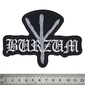 Бродирана нашивка на Burzum за елек с бяло готическо лого и рунически символ на черен фон.