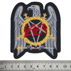 Бродирана нашивка на Slayer за яке с орела и логото в червено, златно и сребристо.
