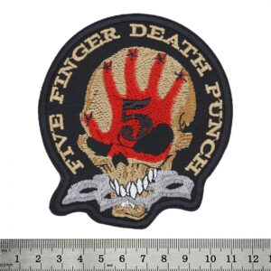 Бродирана нашивка Five Finger Death Punch със скелет и червена длан.