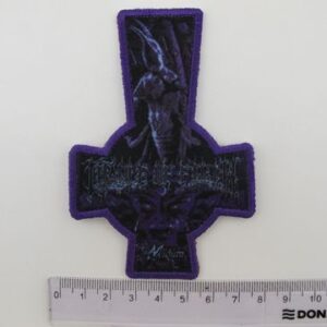 Везана нашивка Cradle of Filth във формата на обърнат кръст с лилави детайли и лого.