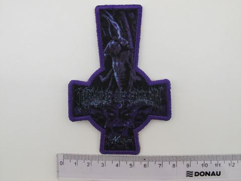 Везана нашивка Cradle of Filth във формата на обърнат кръст с лилави детайли и лого.