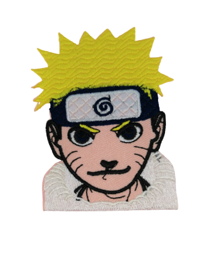 Везана нашивка Naruto с жълта коса и синя лента за глава, детайлен аниме портрет.