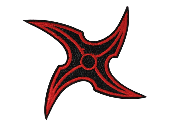 Везана нашивка Naruto Shuriken в черно и червено, детайлно извезано нинджа оръжие.