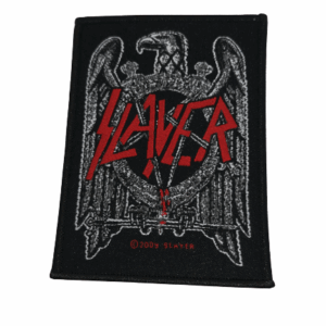 Везана нашивка на Slayer Black Eagle с черен орел и яркочервено лого на траш метал бандата.