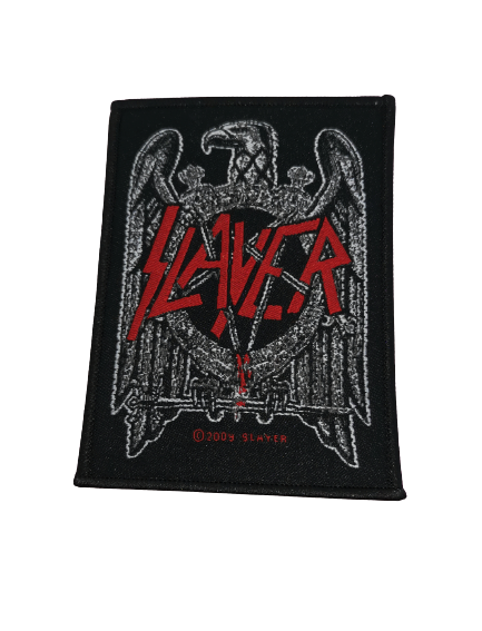 Везана нашивка на Slayer Black Eagle с черен орел и яркочервено лого на траш метал бандата.