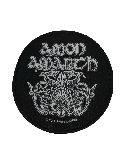 Кръгла черна нашивка Amon Amarth с викингски шлем и келтски орнаменти.