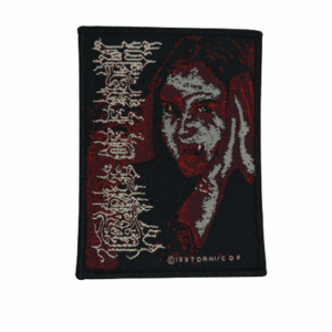 Cradle of Filth везана емблема за дрехи с портрет на вампирка и червено лого върху черен фон.