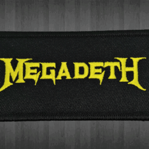Оригинална нашивка Megadeth с жълто бродирано лого върху черен фон.