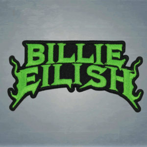Нашивка за дрехи на Billie Eilish – неоново зелено лого с разчупен шрифт върху черен фон.