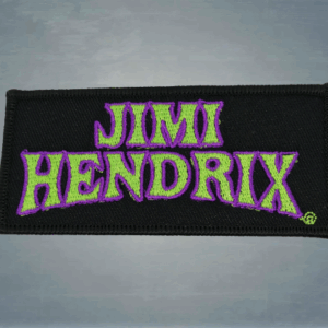 Jimi Hendrix бродирана нашивка за дрехи с неоново зелено лого и лилав кант върху черен фон.