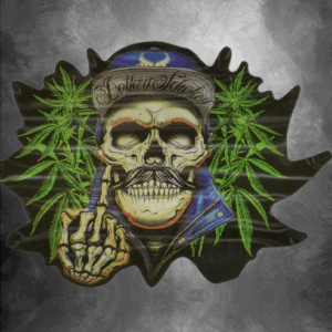 3D стикер за кола Skull Marijuana с череп, синя шапка и мустаци на фон от листо.