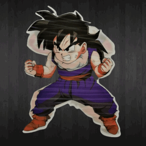 3D анимиран стикер Гохан от Dragon Ball Z върху тъмна основа.