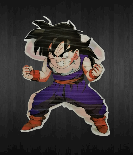 3D анимиран стикер Гохан от Dragon Ball Z върху тъмна основа.