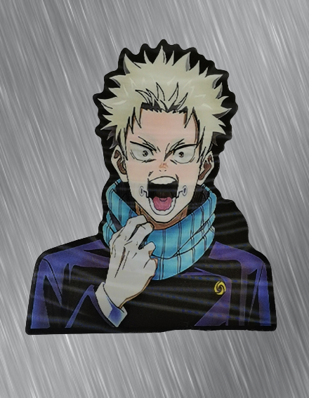 3D аниме стикер за кола Сукуна от Jujutsu Kaisen с розови коси и татуировки.