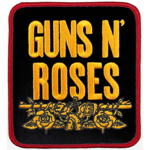 Guns N' Roses оригинален пач за яке с жълта бродерия на името на групата и рози върху черен фон с червен кант.