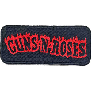 GUNS N' ROSES малка нашивка за елек с червен пламтящ надпис върху черен фон и черен кант.
