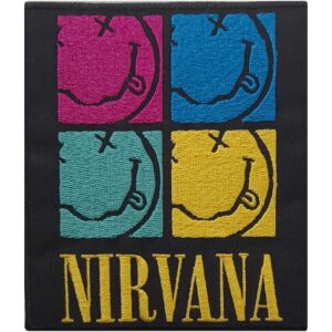 Цветна нашивка за дрехи Nirvana с поп арт лого и жълт надпис.