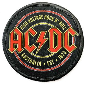 Кръгла бродирана нашивка AC/DC High Voltage с лого и червена мълния.