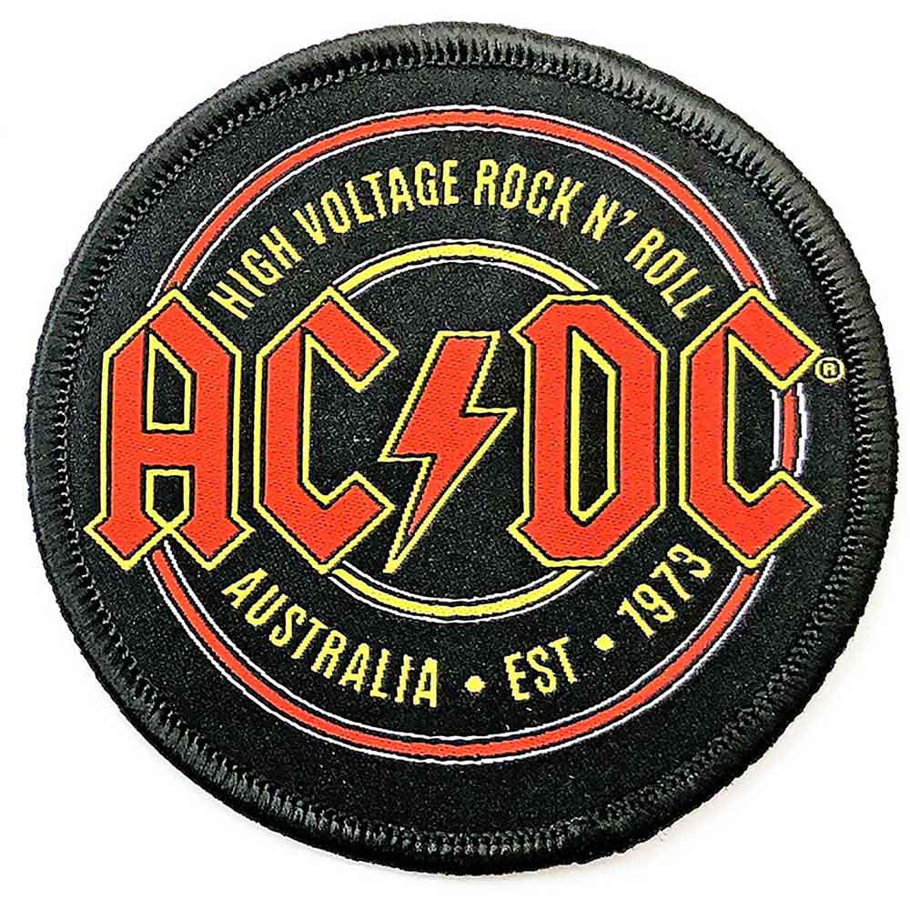 Кръгла бродирана нашивка AC/DC High Voltage с лого и червена мълния.