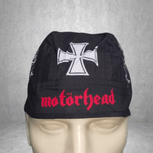 черна кърпа за глава Motorhead с бял железен кръст и червен надпис.