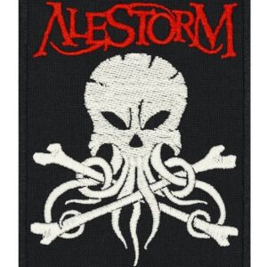 Правоъгълна нашивка Alestorm с бял череп октопод и червено лого върху черен фон за рок елек.