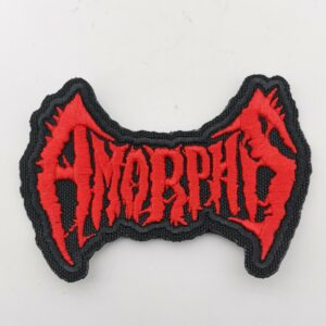 Бродирана нашивка Amorphis с наситено червено лого върху черна основа за метъл фенове.