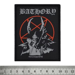 Черна нашивка Bathory с червен пентаграм и демон