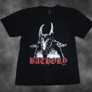 Черна метъл тениска Bathory с култовата щампа на козела и червени очи