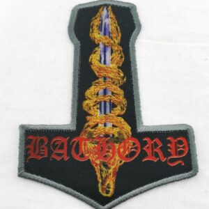 Blood on Ice с чук на Тор - Текстилна нашивка Bathory с чука на Тор и червено лого лице