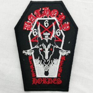 Бродирана нашивка Bathory във формата на ковчег с козя глава и надпис Black Metal Hordes
