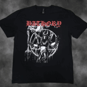 Черна метъл тениска Bathory Satan My Master с Бафомет, пентаграм и червено лого