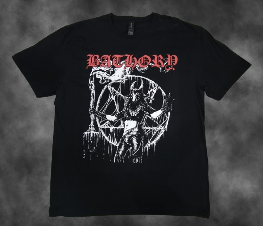 Черна метъл тениска Bathory Satan My Master с Бафомет, пентаграм и червено лого