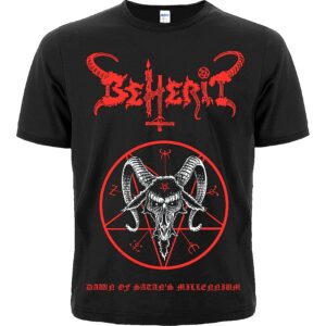 Черна метъл тениска Beherit - Dawn of Satan's Millennium с червено лого и козел в пентаграма