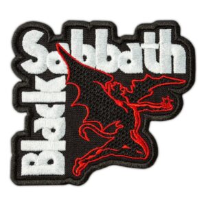 Бродирана нашивка Black Sabbath с ангел върху черен фон за метъл яке.