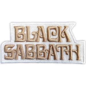 Бродирана нашивка Black Sabbath лого със златисти нишки върху бял фон.