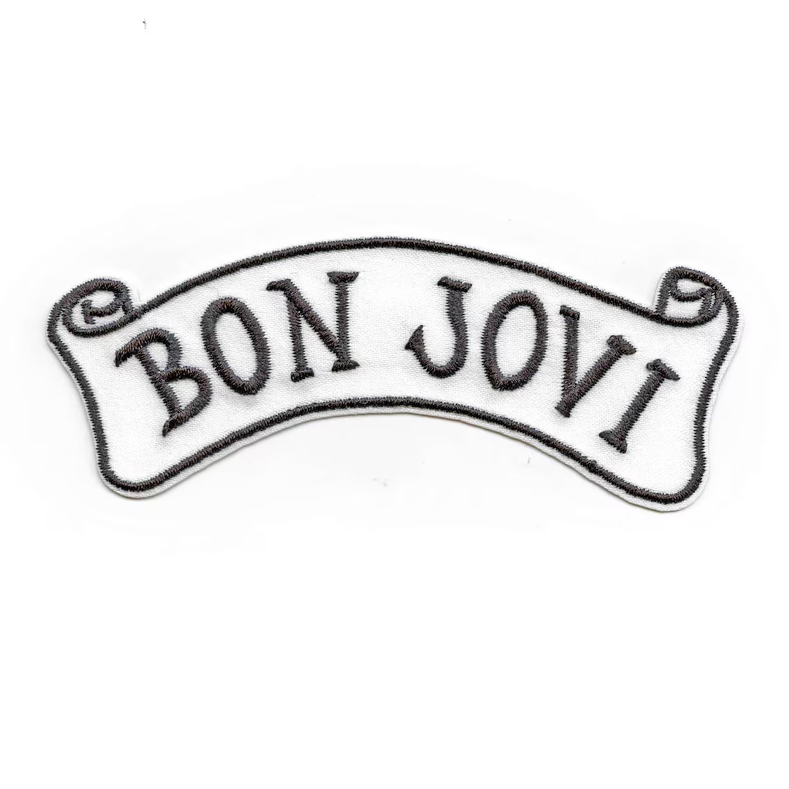 Бродирана нашивка Bon Jovi лого свитък в бяло и черно.