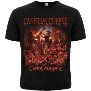 Черна метъл тениска на Cannibal Corpse с кървава зомби сцена и лого