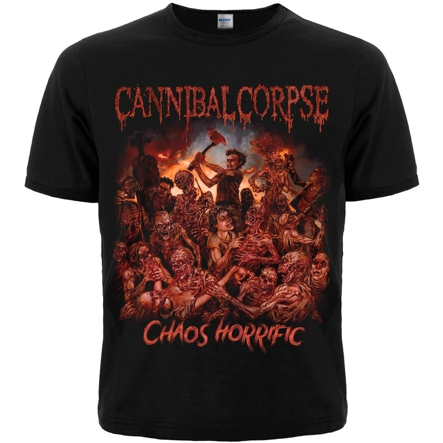 Черна метъл тениска на Cannibal Corpse с кървава зомби сцена и лого