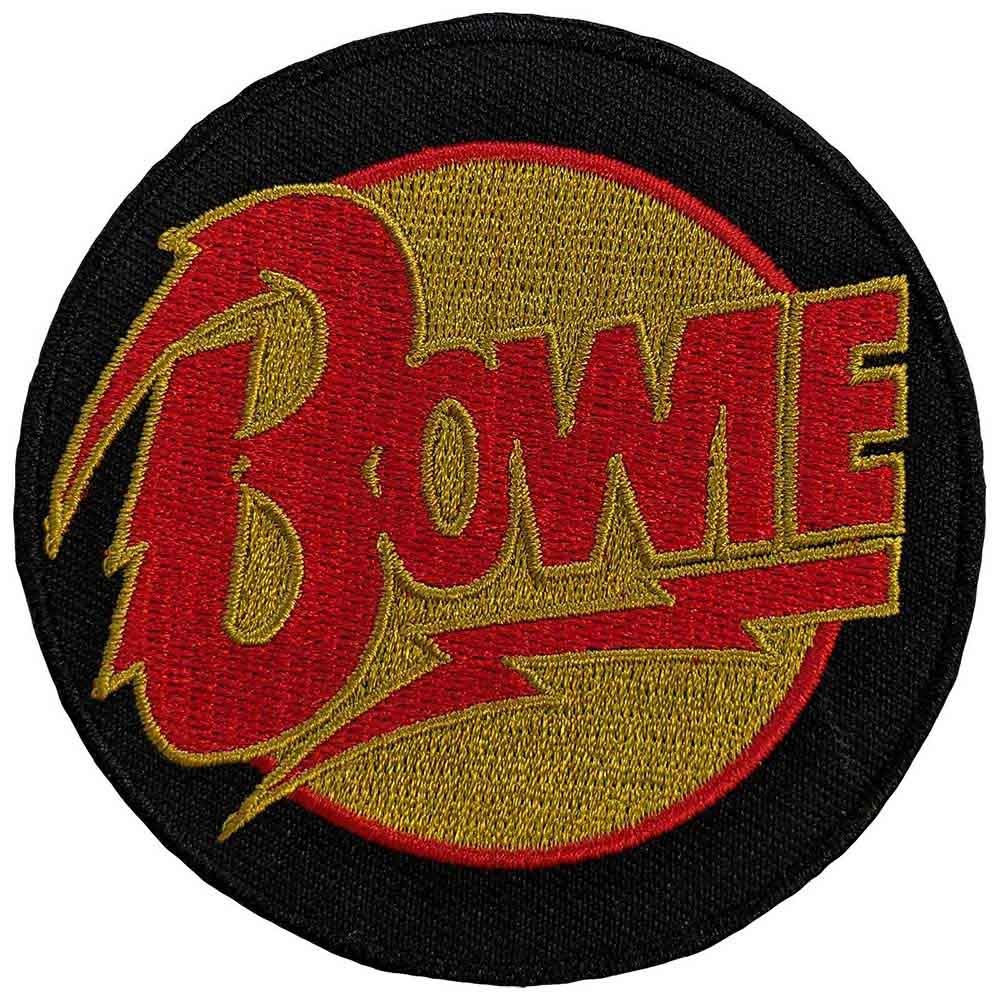Бродирана малка кръгла нашивка David Bowie с червено лого и мълния върху златист фон.