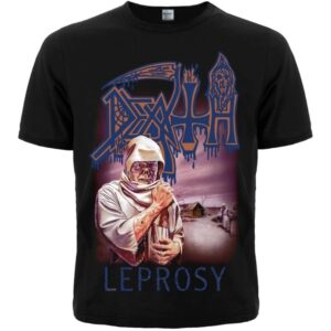 Черна Тениска на Death - "Leprosy" със синьо лого и арт на прокажен