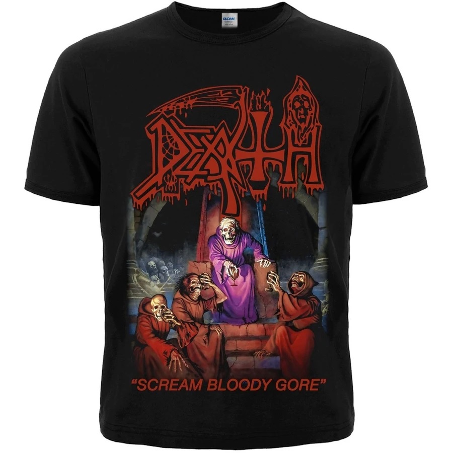 Черна Тениска на Death - "Scream Bloody Gore" с червено лого и скелети