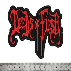 Оригинална бродирана нашивка на Deeds of Flesh с червено лого върху черен фон.